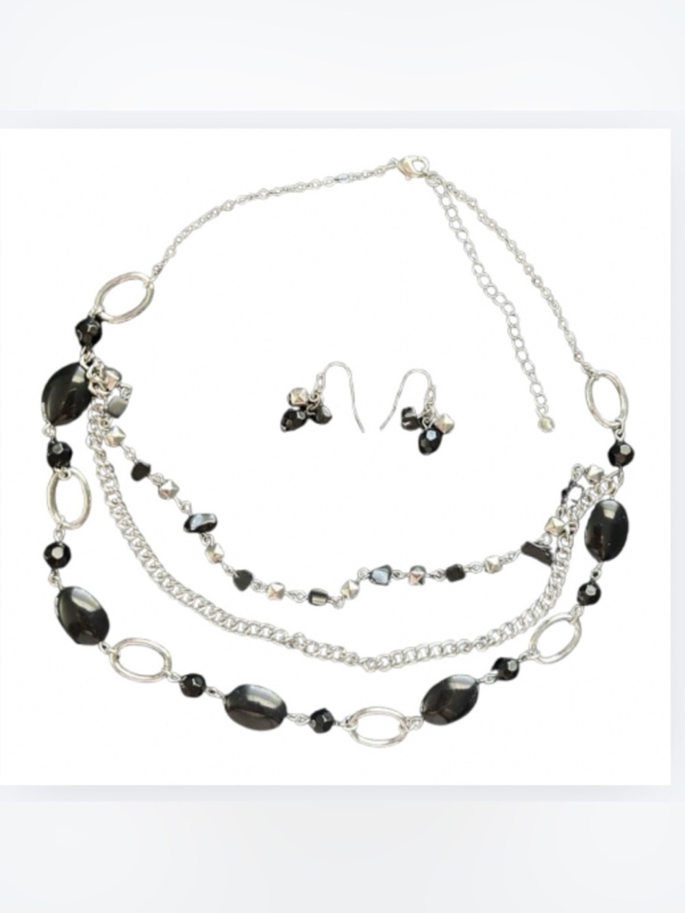 Avon Multi-Strand Black and Silver Statement Necklace with Matching Earrings